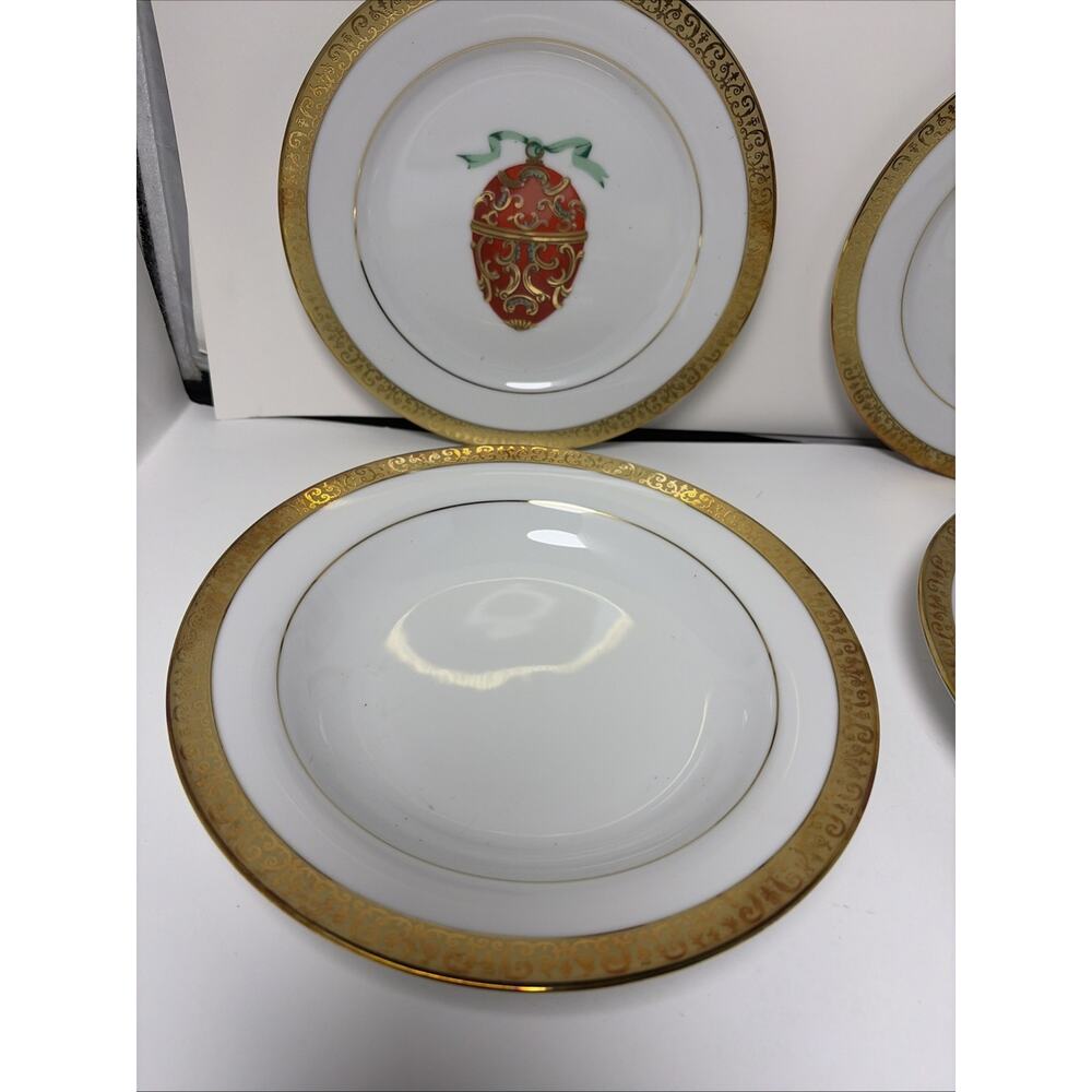 2 Gold Buffet Royal Gallery Faberge Egg Salad Plates Orange & Purple 2 Bowls - Picture 3 of 7